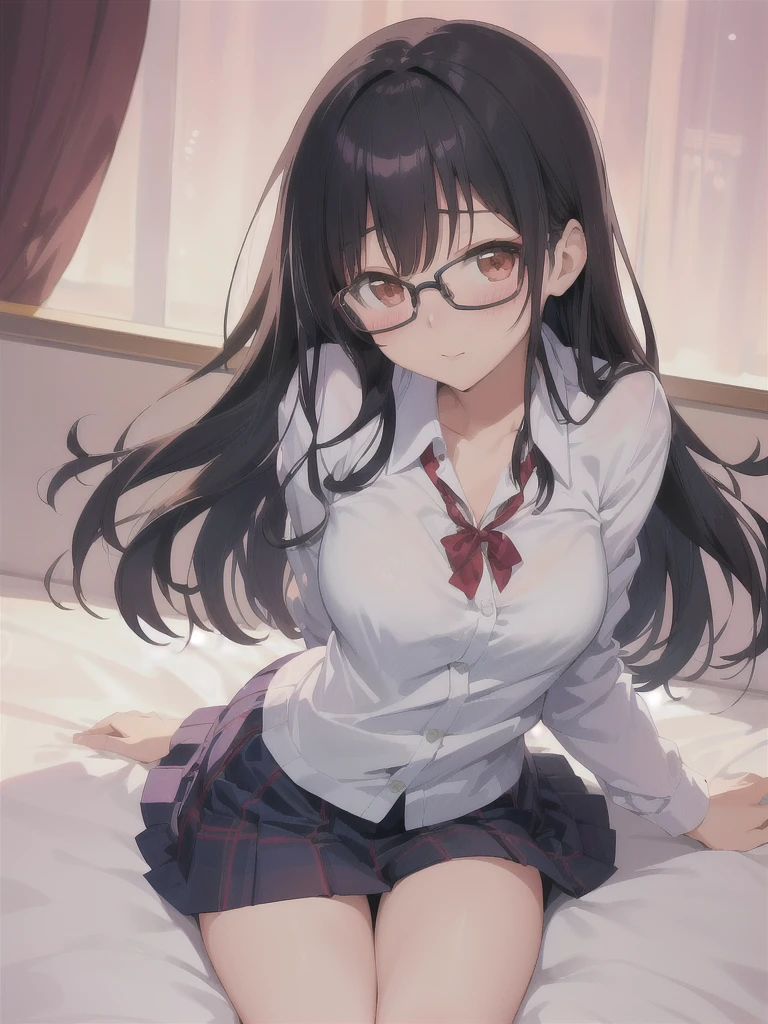 Anime girl with glasses and skirt lying on bed, a hyperRealistic , hyperRealistic , Anime Moe Art Style, Realistic , Nagatoro, Enchanting anime girl, Cute girl anime visuals, Naughty anime style, Naughty, Anime Best Girl, , Realistic young gravure idol, Cute Anime Girl