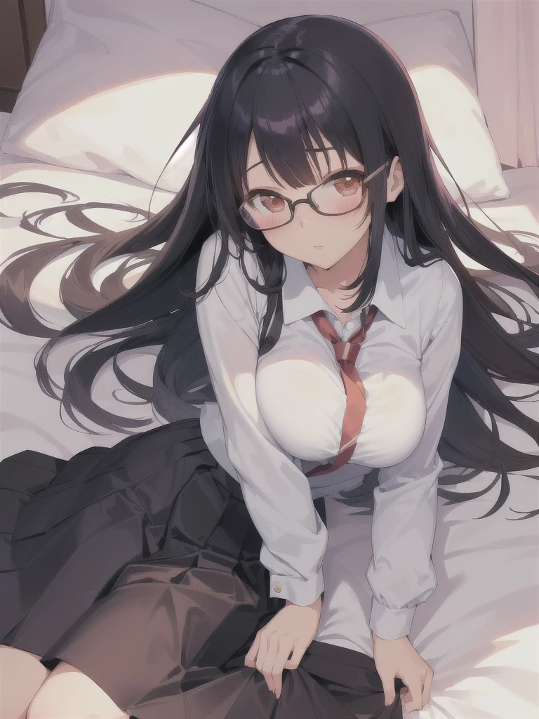 Anime girl with glasses and skirt lying on bed, a hyperRealistic , hyperRealistic , Anime Moe Art Style, Realistic , Nagatoro, Enchanting anime girl, Cute girl anime visuals, Naughty anime style, Naughty, Anime Best Girl, , Realistic young gravure idol, Cute Anime Girl