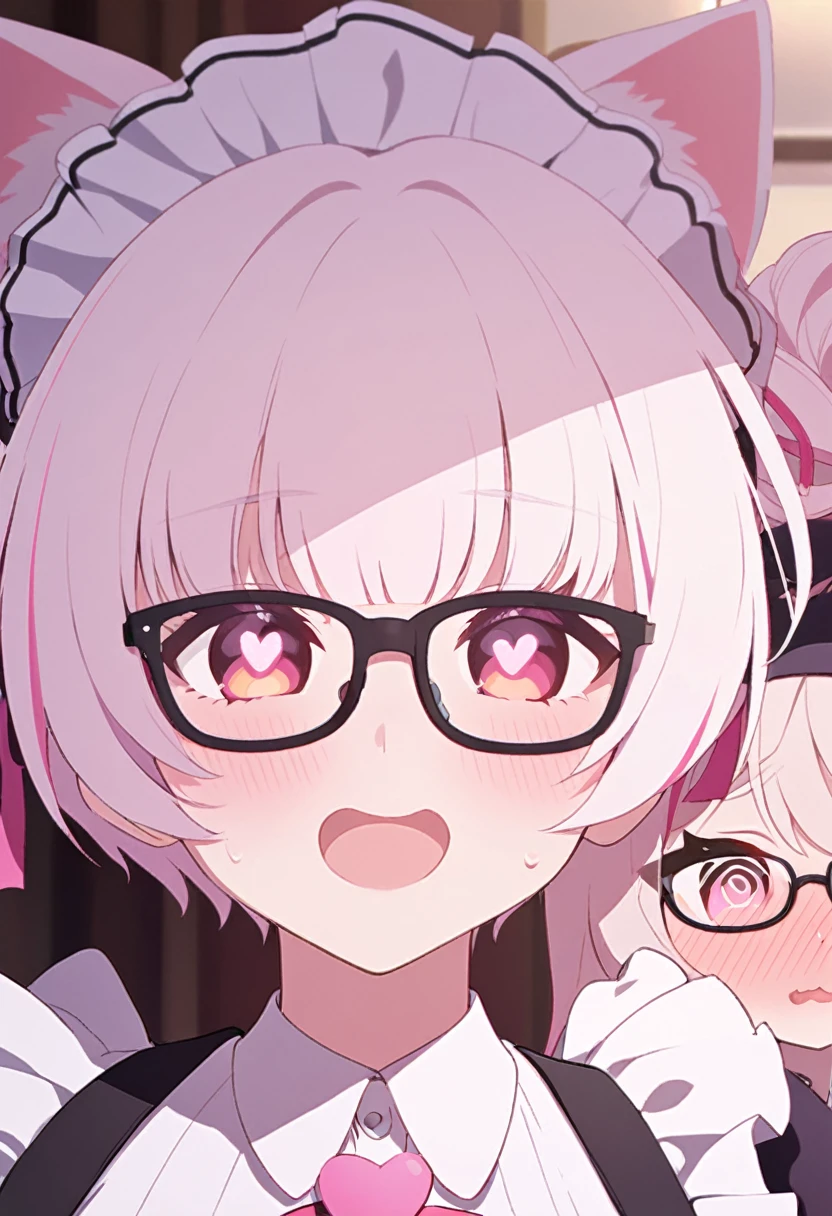 I have white pink hair, cat ears, a bun, my face is super blushing, black glasses, pink heart eyes, a maid's outfit, white stockings, white shoes, a cat's tail, a very shy girl sitting on a table. bed