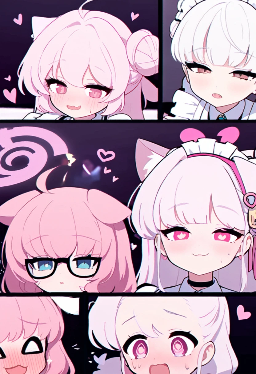 I have white pink hair, cat ears, a bun, my face is super blushing, black glasses, pink heart eyes, a maid's outfit, white stockings, white shoes, a cat's tail, a very shy girl sitting on a table. bed