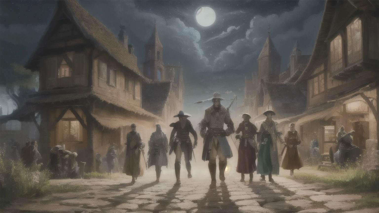 ((best quality)), ((masterpiece)), (detailed), A digital illustration of a group of villainous people in ancient attire walking in an ancient town with dark sky in the background