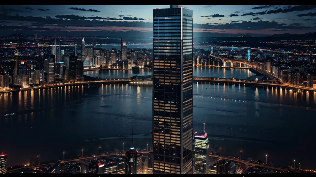 City view, skyscrapers, lake , reflection, at night