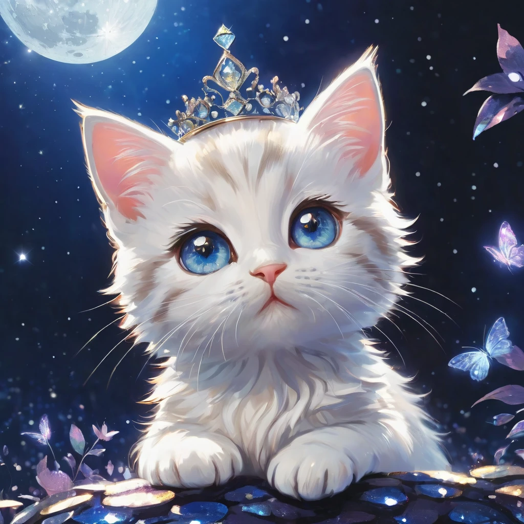 rich and colorful，fairy tale,Wonderful and magical，Character rendering，Oil painting，3d，8K resolution，Sequins，shiny，［Princess Crown］，moonlight，Cute Q version kawaii,Close-up portrait of white tabby kitten，Delicate eyes，big, round, Reflective eyes