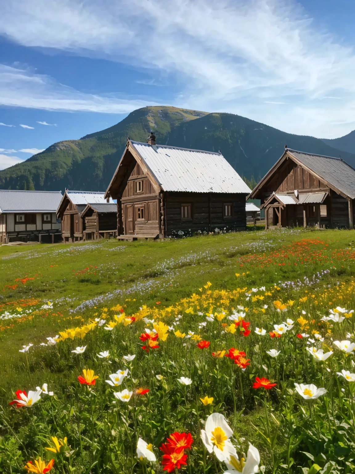 There are many flowers in the field near the cottage, Russian Village, 8K)), Wooden house, 村s at background, 开满鲜花的grassland, !!beautiful!!, By Muggur, beautiful place, beautiful image, Flower Field, 花grassland, Stunning images, very very beautiful scenery, author：Alexander Giemsky, grassland, beautiful setting