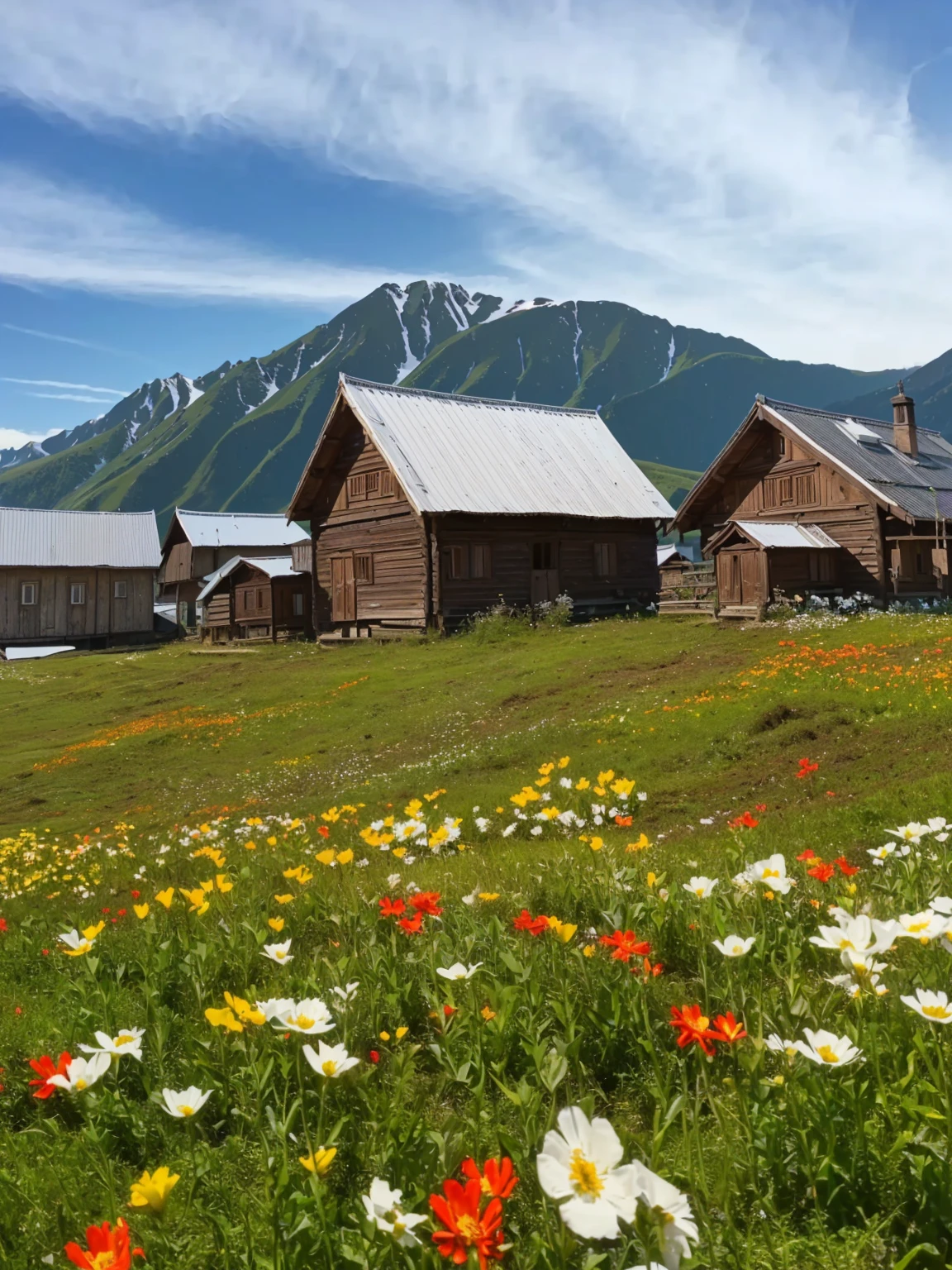 There are many flowers in the field near the cottage, Russian Village, 8K)), Wooden house, 村s at background, 开满鲜花的grassland, !!beautiful!!, By Muggur, beautiful place, beautiful image, Flower Field, 花grassland, Stunning images, very very beautiful scenery, author：Alexander Giemsky, grassland, beautiful setting