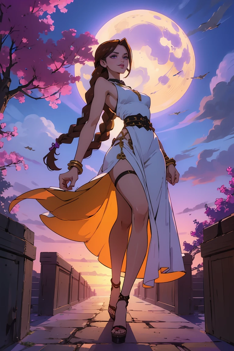 Goddess ((goddess-like woman)), slim elegant silhouette, masterpiece, best quality, pale skin, fair skin, cloud tattoo on arm, sweet face, (masterpiece:1,2, best quality), (real picture, intricate details), (1 lady , solo, medium tits, slim waistline, ), ((Jinx/LOL)),BROWN HAIR, a woman withe brown very very long hair, brown hair, braided hair, very long braided pigtails, purple eyes, she has an impressive presence., bracelet, hoop earrings, jewelry, beautiful face, beautiful eyes, She is wearing a stunningly beautiful golden evening dress and high heels with straps. sweet smile, thigh gap, sweet irresistible smile, elegant pose, elegant hands, beautiful hands, perfect fingers, background: Park, a beautiful park, trees, walkway, flowers, bushes,
