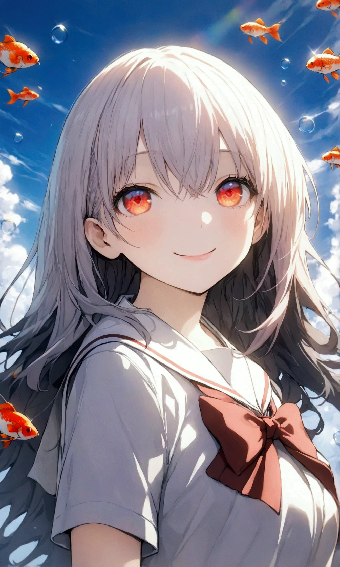 (female\(student, age of 15, JK, semi long pink floating hair, red colored eyes,white color uniform of school, pale skin, smile face with shine in the eyes\) is looking up at the sky), (so many goldfish are swimming in the air), beautiful sky, beautiful clouds, summery colorful flowers are blooming here and there, (crystal clear bubbles are shining prism here and there in the sky), there is the noonday moon and noonday stars in the sky, female is at messy downtown, BREAK ,quality\(8k,wallpaper of extremely detailed CG unit, masterpiece,hight resolution,top-quality,top-quality real texture skin,hyper realisitic,increase the resolution,RAW photos,best qualtiy,highly detailed,the wallpaper,cinematic lighting,ray trace,golden ratio\),(long shot),wide shot,
