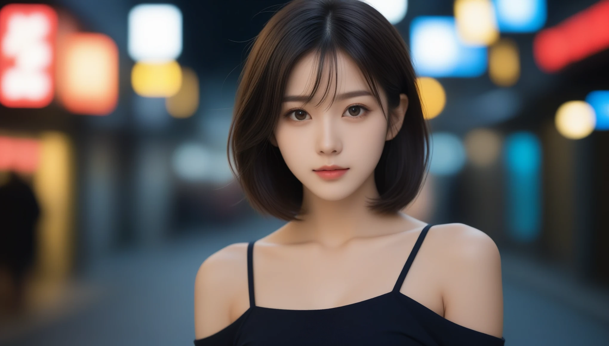 8k, Ultra-high resolution, Highest quality, masterpiece, 三分割法によるphotograph,Surreal, photograph, 1 Girl, (:1.3), pretty girl, Cute Face, Beautiful eyes in every detail, 細かくdetailedに,masterpiece,One Girl:1.2, Japan Female Announcer,extream close up,light smile,Black Hair,Wavy bob,Night view,bustling street,Prostitute,Flashy clothing,Slutty Makeup,Realistic Skin, Perfect and beautiful face ,完璧でCute Face, Skin with attention to detail, Perfect limbs、Narrow waist、Thin legs),Looking at the audience、beauty,Long neck、(((Ideal body type))),A cup small breasts :2,Portraiture:2,Perfect Anatomy,鮮明なdetailed,detailed,Surreal,Light and shadow,glowing