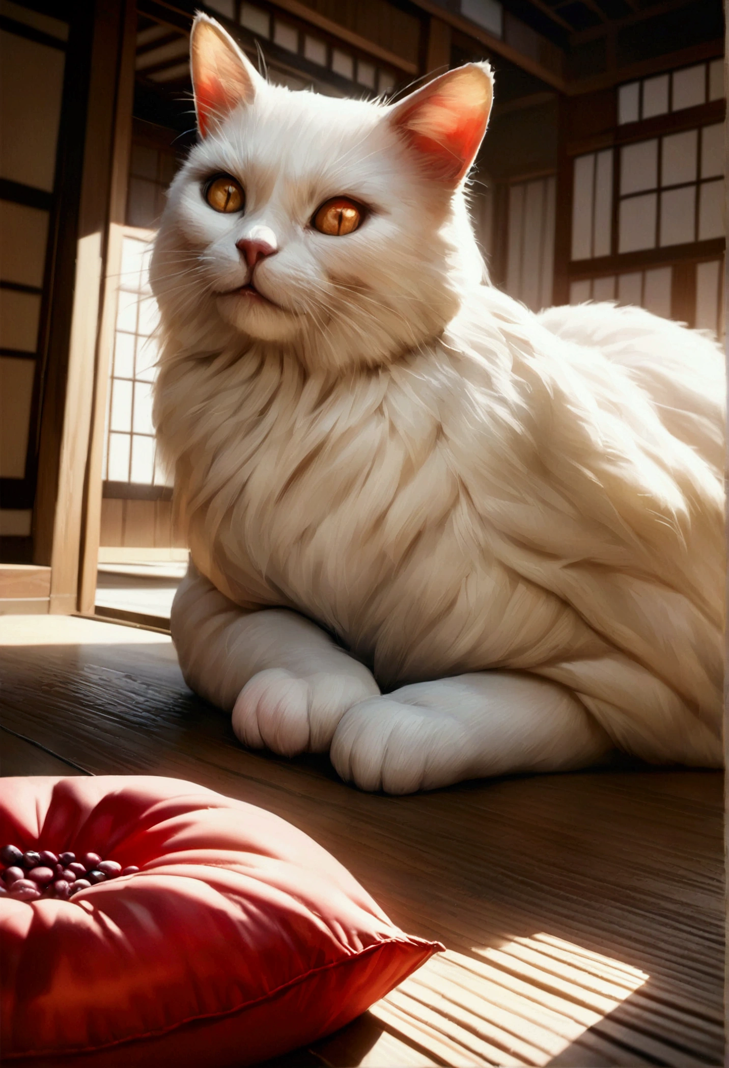 Giant Lucky Cat (Fukubukuro), Exquisite Detail, High Resolution, Ultra-Realistic, Photorealistic: 1.4, 8K, Raw Image, Masterpiece, Best Quality, Physical-based Rendering, Traditional Japanese Home, Large Fukubukuro, Red Bean Bag, Golden Paw, Popping Eyes, Inviting Smile, Vibrant Colors, Soft Fur Texture, Shadows Casting Dramatic Effects.