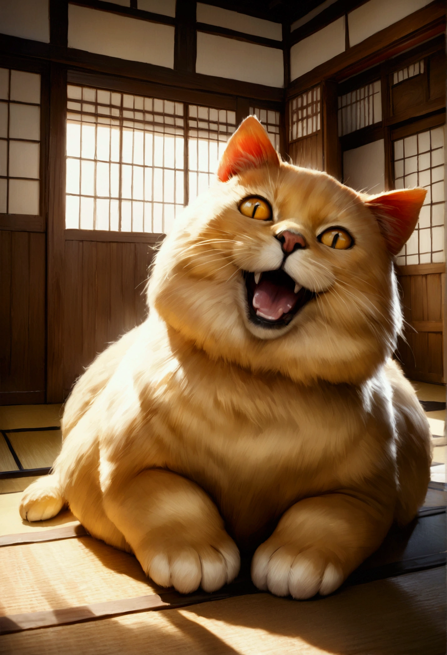 Giant Lucky Cat (Fukubukuro), Exquisite Detail, High Resolution, Ultra-Realistic, Photorealistic: 1.4, 8K, Raw Image, Masterpiece, Best Quality, Physical-based Rendering, Traditional Japanese Home, Large Fukubukuro, Red Bean Bag, Golden Paw, Popping Eyes, Inviting Smile, Vibrant Colors, Soft Fur Texture, Shadows Casting Dramatic Effects.