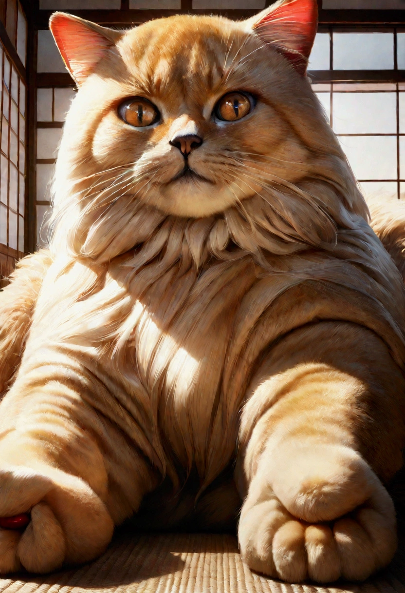 Giant Lucky Cat (Fukubukuro), Exquisite Detail, High Resolution, Ultra-Realistic, Photorealistic: 1.4, 8K, Raw Image, Masterpiece, Best Quality, Physical-based Rendering, Traditional Japanese Home, Large Fukubukuro, Red Bean Bag, Golden Paw, Popping Eyes, Inviting Smile, Vibrant Colors, Soft Fur Texture, Shadows Casting Dramatic Effects.