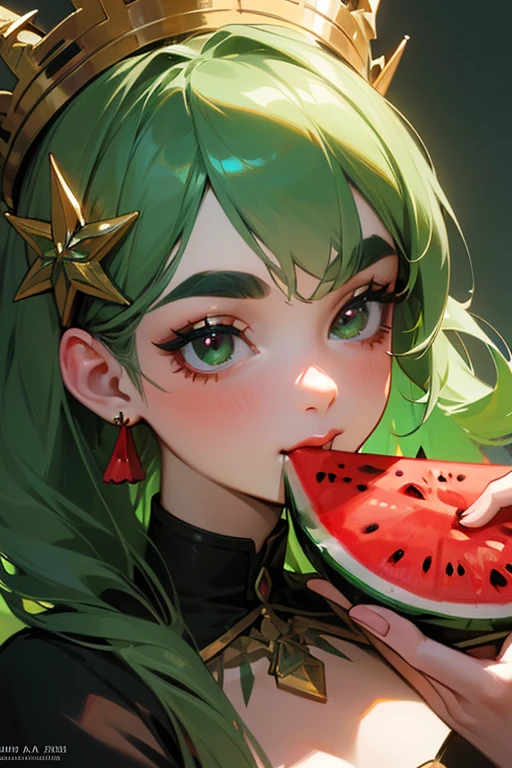 (Highest quality, masterpiece:1.2), High resolution, Very detailed, Realistic:1.37, Fantasy, An illustration, Green Eyes、Queen, Red and green swimsuit、Platinum decoration、beautifully、Eyeshadow Red、Thick eyebrows、Long eyelashes、pupils are black、Her hair is dark green、Gold crown、Kissing Face、Embarrassing、Beloved by the crowd、Hair is green、Braiding、hair ornaments、Laugh gently、(Eating watermelon).