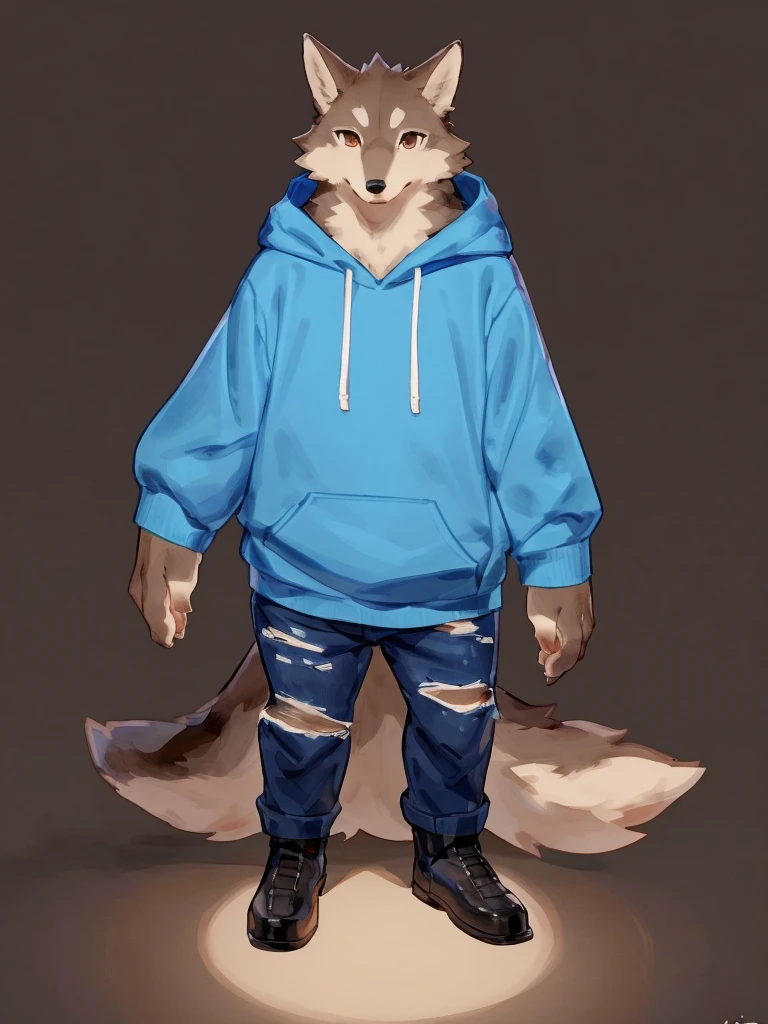 ((Best quality, masterpiece, detailed anatomy, detailed eyes, detailed hands, perfect lighting, perfect shading)), by Buta99, by Bebebebebe, 1male, Wolf, brown furs, tight body, dark brown eyes, skinny chub body, young body, large sleeves blue hoodie, ripped jeans pants, black boots, at the white background