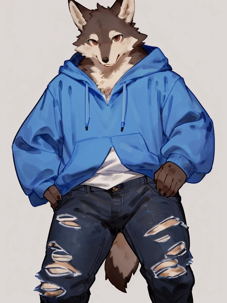 ((Best quality, masterpiece, detailed anatomy, detailed eyes, detailed hands, perfect lighting, perfect shading)), by Buta99, by Bebebebebe, 1male, Wolf, brown furs, tight body, dark brown eyes, skinny chub body, young body, large sleeves blue hoodie, ripped jeans pants, black boots, at the white background