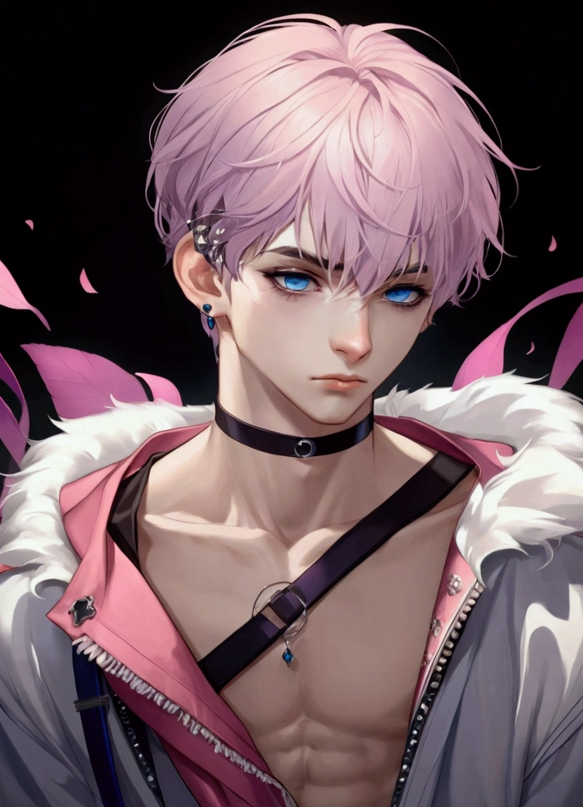 Human anime version, fusion of manticore and man, male, attractive, thin face, black hair and light blue eyes, athletic shirtless