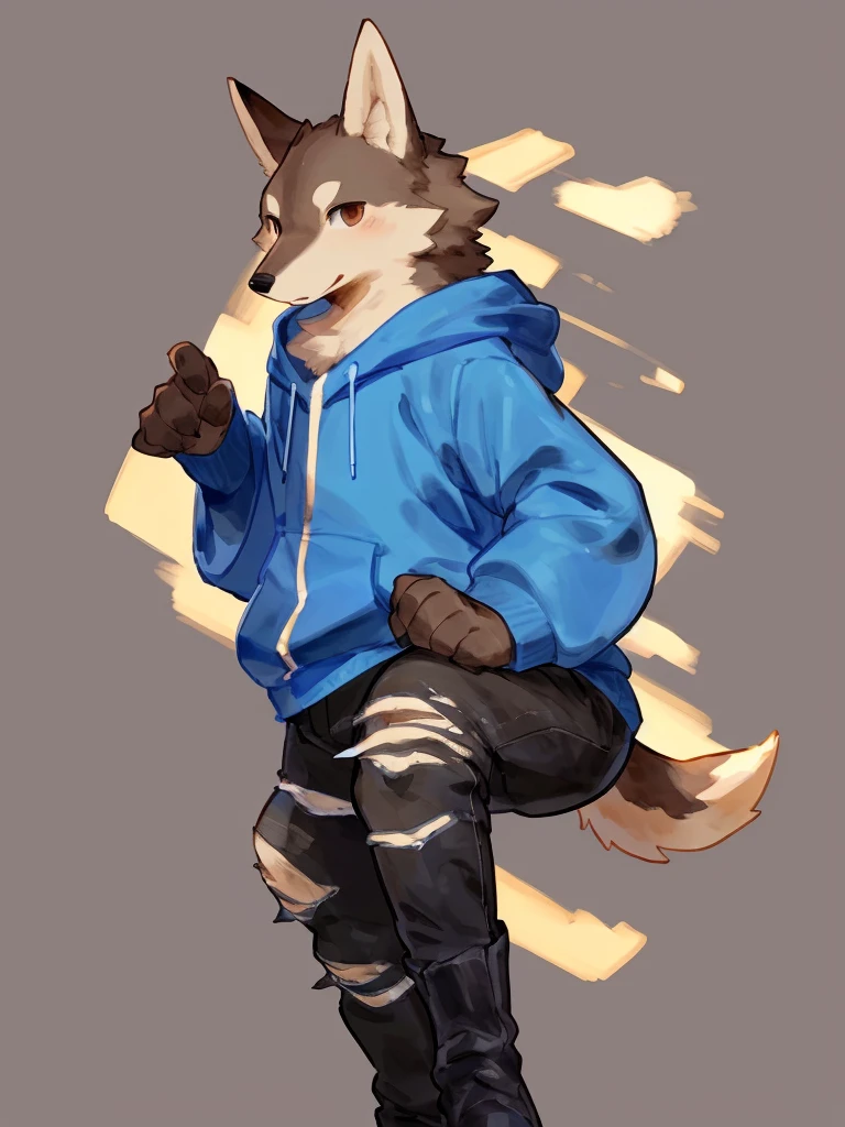 ((Best quality, masterpiece, detailed anatomy, detailed eyes, detailed hands, perfect lighting, perfect shading)), by Buta99, by Bebebebebe, 1male, Wolf, brown furs, tight body, dark  brown eyes, skinny chub body, young body, large sleeves blue hoodie, ripped jeans pants, black boots, at the white background 