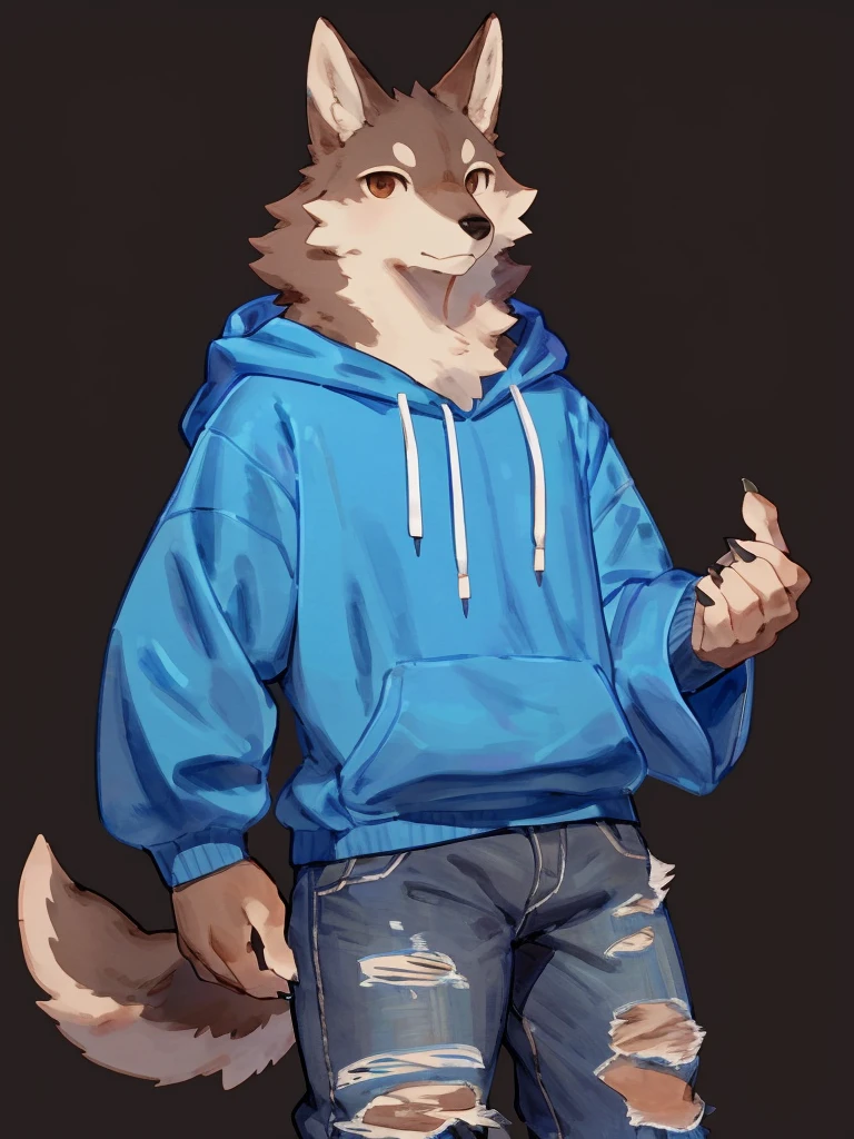 ((Best quality, masterpiece, detailed anatomy, detailed eyes, detailed hands, perfect lighting, perfect shading)), by Buta99, by Bebebebebe, 1male, Wolf, brown furs, tight body, dark  brown eyes, skinny chub body, young body, large sleeves blue hoodie, ripped jeans pants, black boots, at the white background 