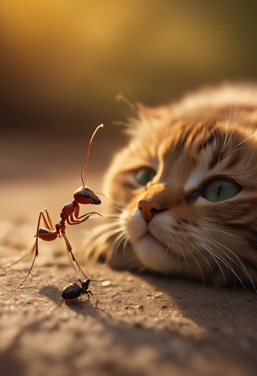 arafed a picture of an ant looking at a cat, picture taken from the ant point of view of the ant, hyperrealism style, vibrant, Ultra-high resolution, High Contrast, (masterpiece:1.5), highest quality, Best aesthetics), best details, best quality, highres, ultra wide angle, 16k, [ultra detailed], masterpiece, best quality, (extremely detailed) RAW