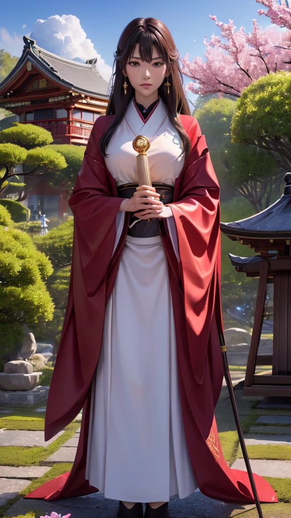 (((8k))), (((High resolution))),((Highest quality)),Beauty,Wizard,Serious face,Cane,Caneを右手に握っている,Shrine garden,SakuraFubuki,Ultra-realistic,8k,Ultra-fine,Super detailed,Sparkling,A red aura emerges from the body