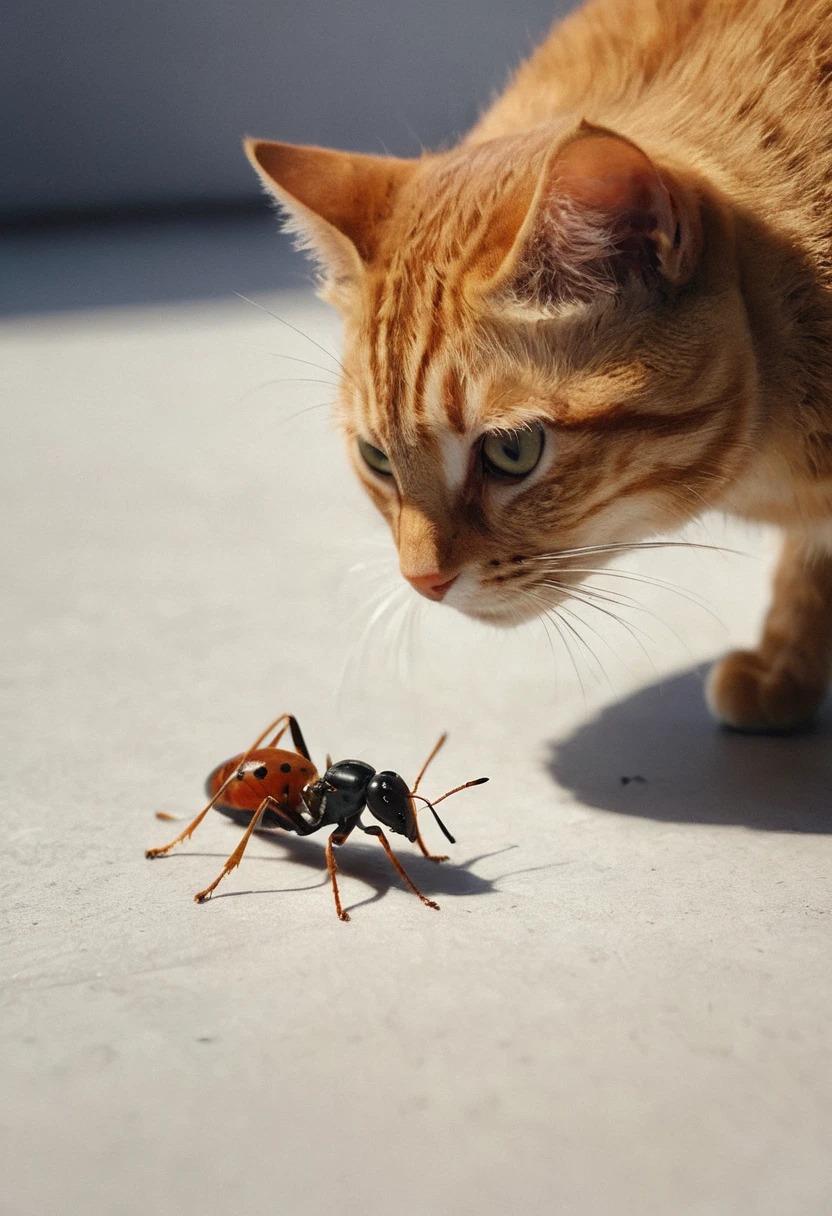 arafed a picture of an ant looking at a cat, picture taken from the ant point of view of the ant, hyperrealism style, vibrant, Ultra-high resolution, High Contrast, (masterpiece:1.5), highest quality, Best aesthetics), best details, best quality, highres, ultra wide angle, 16k, [ultra detailed], masterpiece, best quality, (extremely detailed) RAW