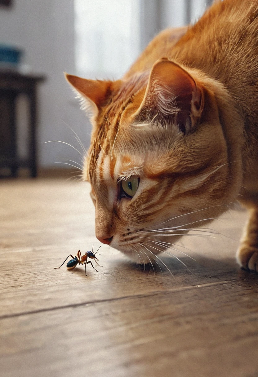 arafed a picture of an ant looking at a cat, picture taken from the ant point of view of the ant, hyperrealism style, vibrant, Ultra-high resolution, High Contrast, (masterpiece:1.5), highest quality, Best aesthetics), best details, best quality, highres, ultra wide angle, 16k, [ultra detailed], masterpiece, best quality, (extremely detailed) RAW