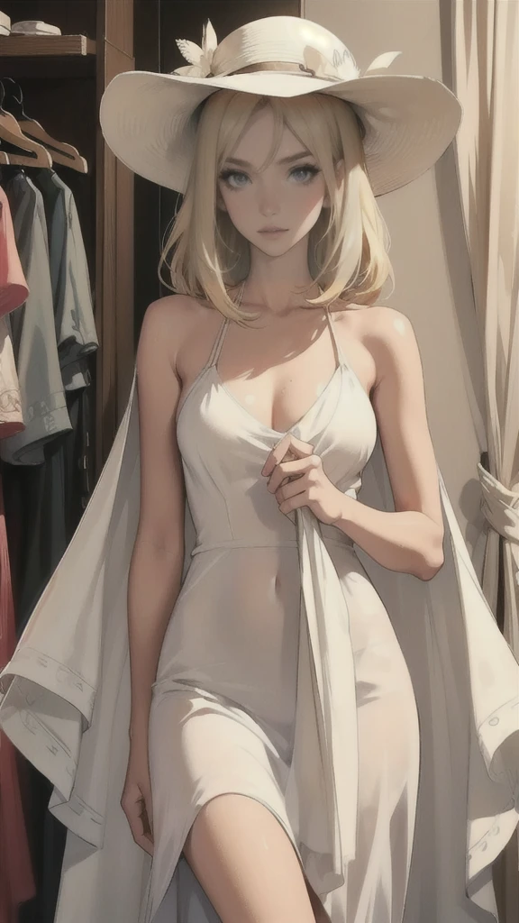 (lifelike, high - resolution:1.3), 1 girl with a perfect body, slender body, blonde hair, Super fine face and eyes, boho bob hair, blonde hair, wet clothes:1.2, ,large breasts, , (white sundress, wide brimmed hat, sunglasses), slim body, (girl hiding in a dressing room, drapes, curtains)