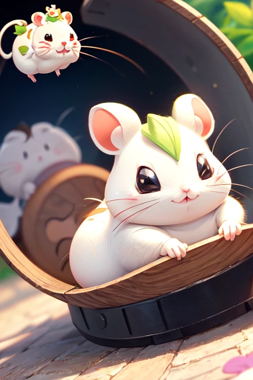 Macro shot of a female white hamster, (((hamtaro anime characters))), running around in her little wheel with enthusiasm, her bright black eyes full of joy, very cute little animal,