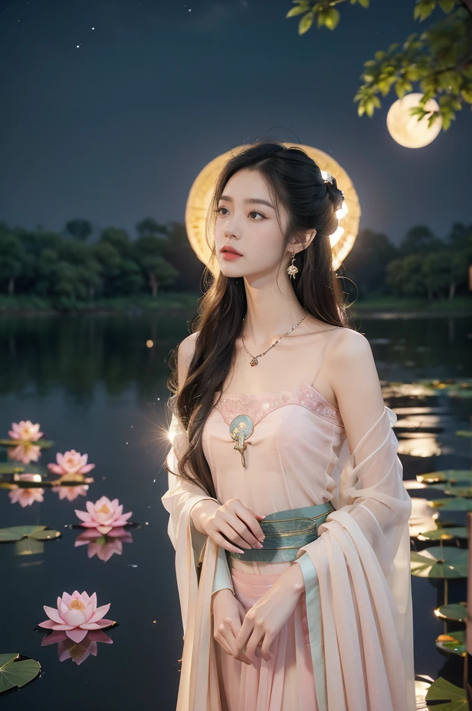 (((best quality))),(((ultra detailed))),(((masterpiece))),illustration,((1 beautiful young girl,solo)),((slim,thin)),(shoulder length straight hair:1.2),((earrings,necklace)),((small breasts,flat chest)),(see through traditional pink sheer Hanfu dress:1.3),(slender legs:1.2),(beside the lotus pond full of lotus flowers:1.3), serene moonlight, ethereal,floral pattern, water movement, billowing fabric, tranquil, moon reflection, petals, fireflies, magical, light,warm light, dreams, invitation, standing, gazing, reflection, inner thoughts, emotional, sweet scent, natural beauty, solitude, hypnotic lull, eternal summer,(night scene:1.3), natural world, human spirit, celebration, backdrop, water, glow,((from front,upper body))