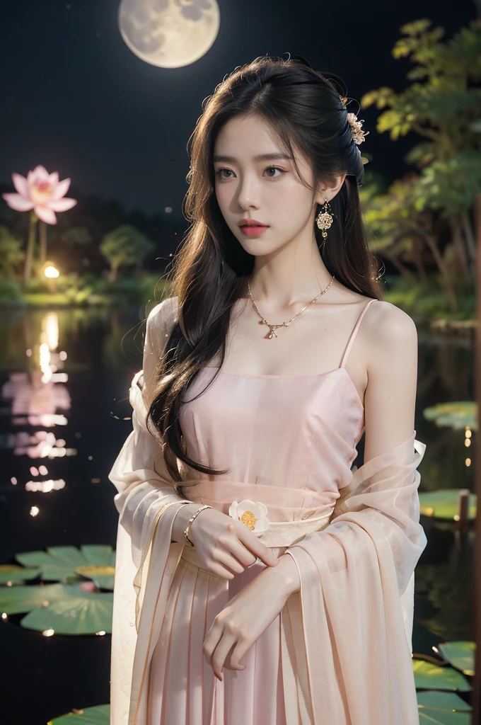 (((best quality))),(((ultra detailed))),(((masterpiece))),illustration,((1 beautiful young girl,solo)),((slim,thin)),(shoulder length straight hair:1.2),((earrings,necklace)),((small breasts,flat chest)),(see through traditional pink sheer Hanfu dress:1.3),(slender legs:1.2),(beside the lotus pond full of lotus flowers:1.3), serene moonlight, ethereal,floral pattern, water movement, billowing fabric, tranquil, moon reflection, petals, fireflies, magical, light,warm light, dreams, invitation, standing, gazing, reflection, inner thoughts, emotional, sweet scent, natural beauty, solitude, hypnotic lull, eternal summer,(night scene:1.3), natural world, human spirit, celebration, backdrop, water, glow,((from front,upper body))