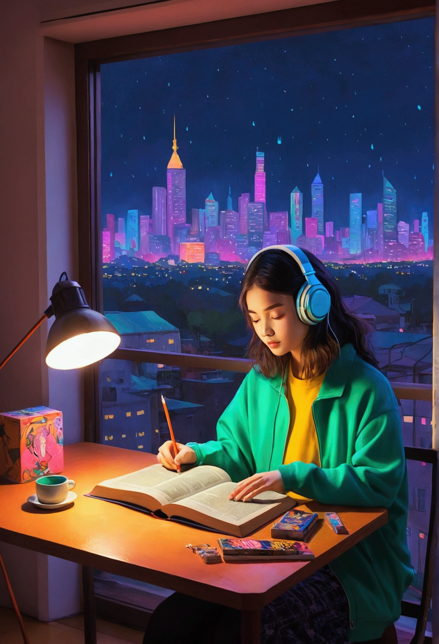 (praise), Girl studying at the table, Reading a book, Put on your headphones, , Night Light, Neon scenery on a rainy day,Analog Color Theme, Lo-fi hip hop , review, flat, 2.5D ,Line art, Ink painting, Large slope, Watercolor, Gouache color, Studio Ghibli Style, Great colorful, amount of sales, Synthwave, praise art,90s Style,Old Texture, amplitude,90s vibe, Tabletop, Great skills