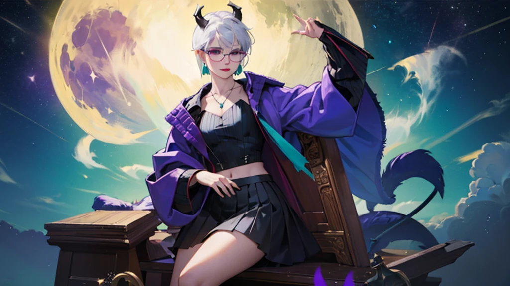 8k, masterpiece, best quality, highly detailed, 1 girl, tiefling, warlock, multicolored hair, very short straight hair green highlight hair on white hair, strippled hair, wearing glasses, round glasses, earrings, navel piercing, miniskirt, red eyeshadow, long eyelashes, blushed cheek, red lips, necklace, rings, collarbone, mole, glamorous, teal clothing, purple clothes, smirk, close up view, rings, looking at viewer, demon horns, solo, nightmarish landscape, blue pale moon, sitting, cosmic horror, decaying, holding devil books