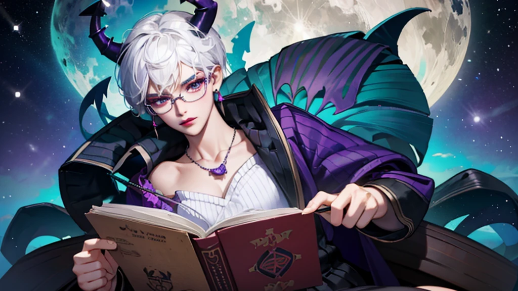 8k, masterpiece, best quality, highly detailed, 1 girl, tiefling, warlock, multicolored hair, very short straight hair green highlight hair on white hair, strippled hair, wearing glasses, round glasses, earrings, navel piercing, miniskirt, red eyeshadow, long eyelashes, blushed cheek, red lips, necklace, rings, collarbone, mole, glamorous, teal clothing, purple clothes, smirk, close up view, rings, looking at viewer, demon horns, solo, nightmarish landscape, blue pale moon, sitting, cosmic horror, decaying, holding devil books
