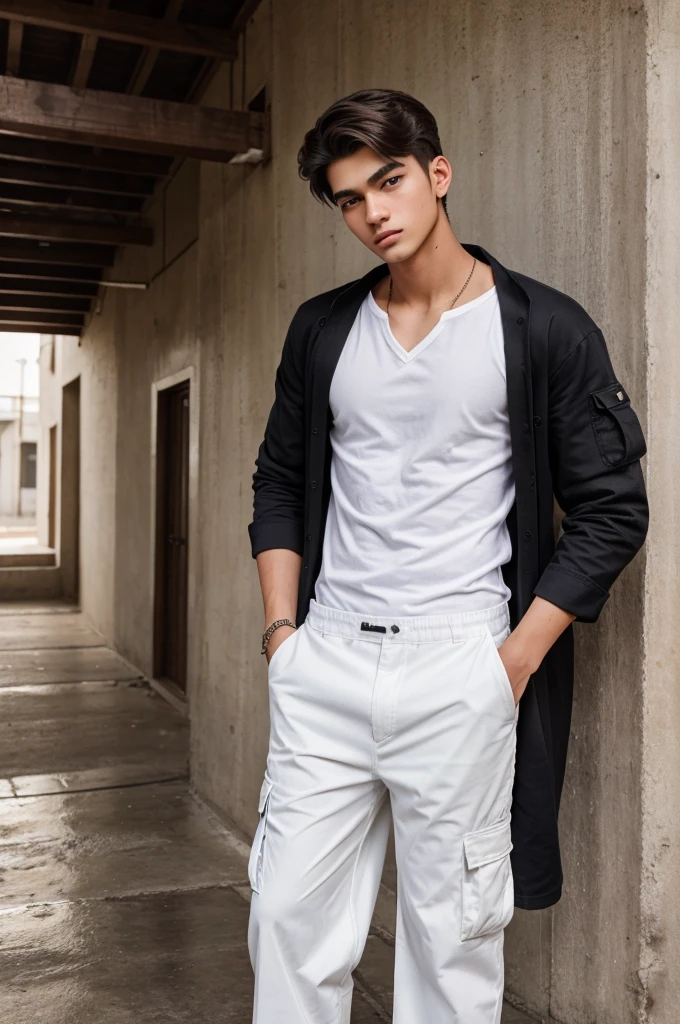 photography of a 20yo man, perfect face, masterpiece, baniyan, cargo pant, white_baniyan, robe, black_pant