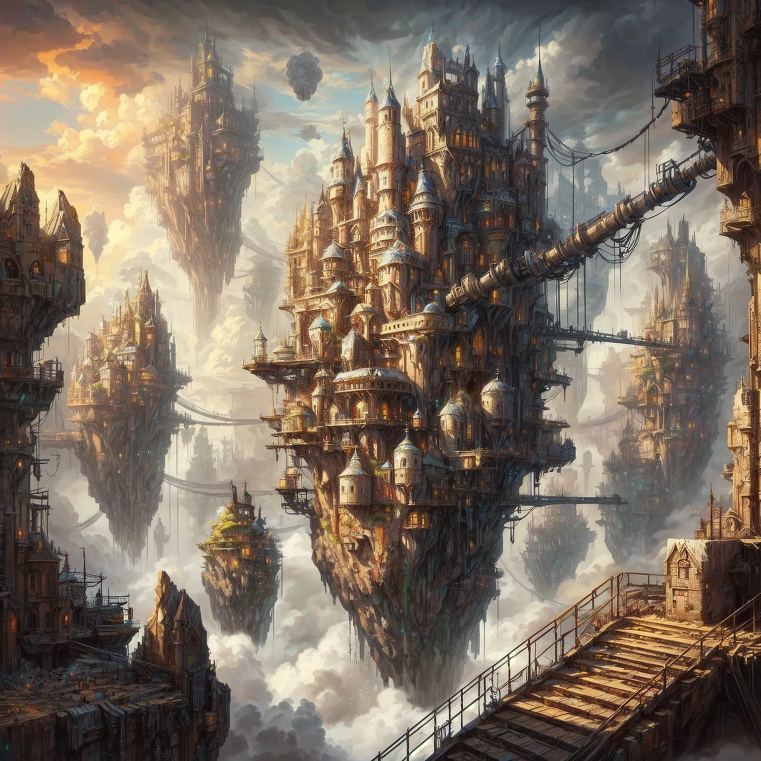 a close up of a floating city with a lot of industrial buildings on it, floating city on clouds, symmetrical epic fantasy art, big and structured valhalla city, highly detailed fantasy art, floating city in the sky, floating lands in-clouds, detailed fantasy digital art, wide angle fantasy art, ancient steampunk city, steampunk villages castles, detailed fantasy art, fantasy highly detailed