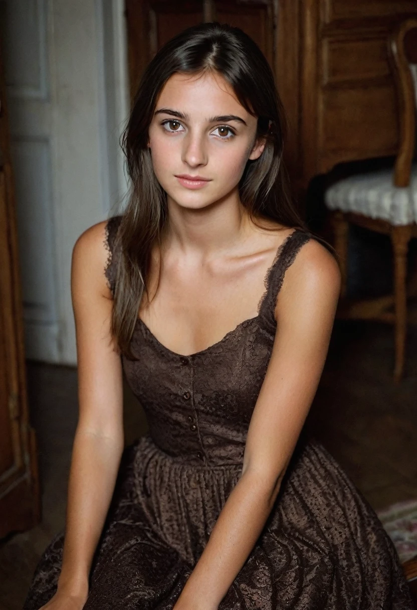 20 year old French girl, sitting in brunette dress, very dark brown eyes, almost black, not smiling  , Brown straight hair, photos in a lit house 