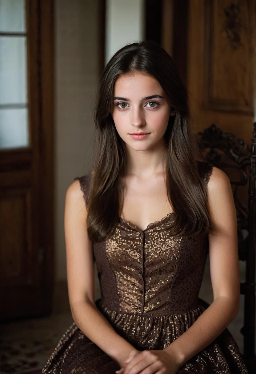 20 year old French girl, sitting in brunette dress, very dark brown eyes, almost black, not smiling  , Brown straight hair, photos in a lit house 