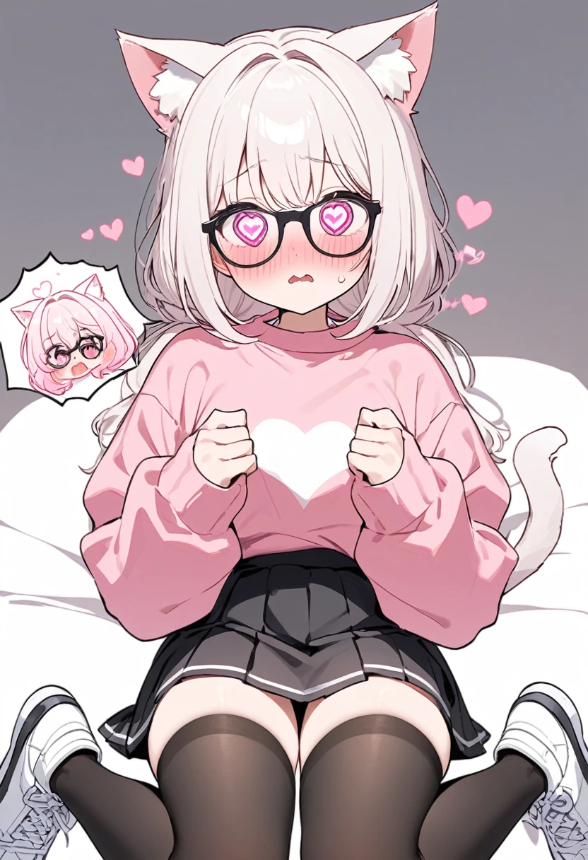 I have white pink hair, cat ears, a bun, my face is super blushing, black glasses, pink heart eyes, a big pink sweatshirt, a black skirt, black stockings, white shoes, a cat&#39;s tail, a girl. very shy that her parents are millionaires