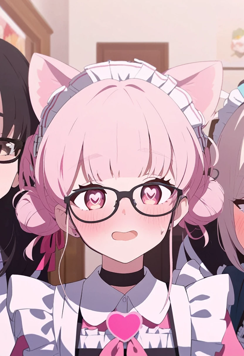 I have white pink hair, cat ears, a bun, my face is super blushing, black glasses, pink heart eyes, a maid's outfit, white stockings, white shoes, a cat's tail, a very shy girl sitting on a table. bed