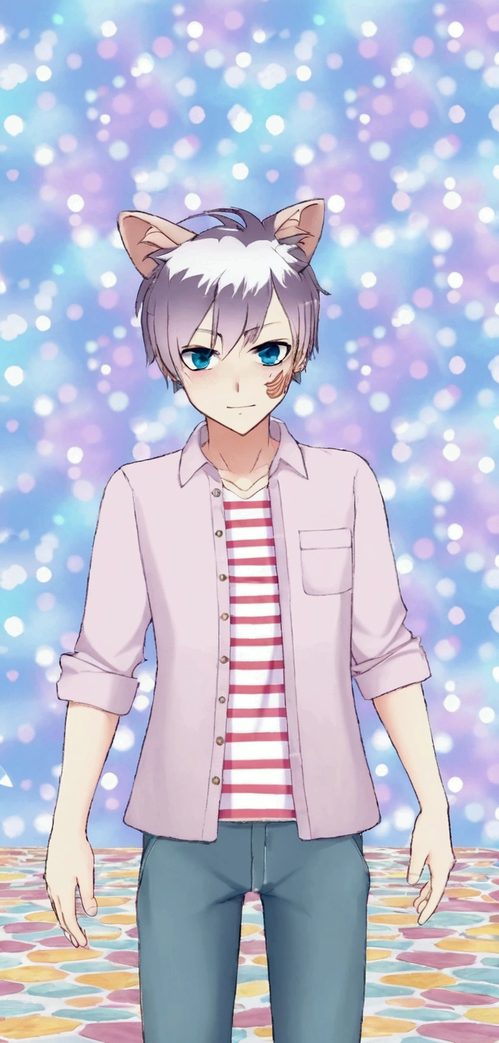 Human anime version, fusion of manticore and man, male, attractive, thin face, black hair and light blue eyes, athletic shirtless