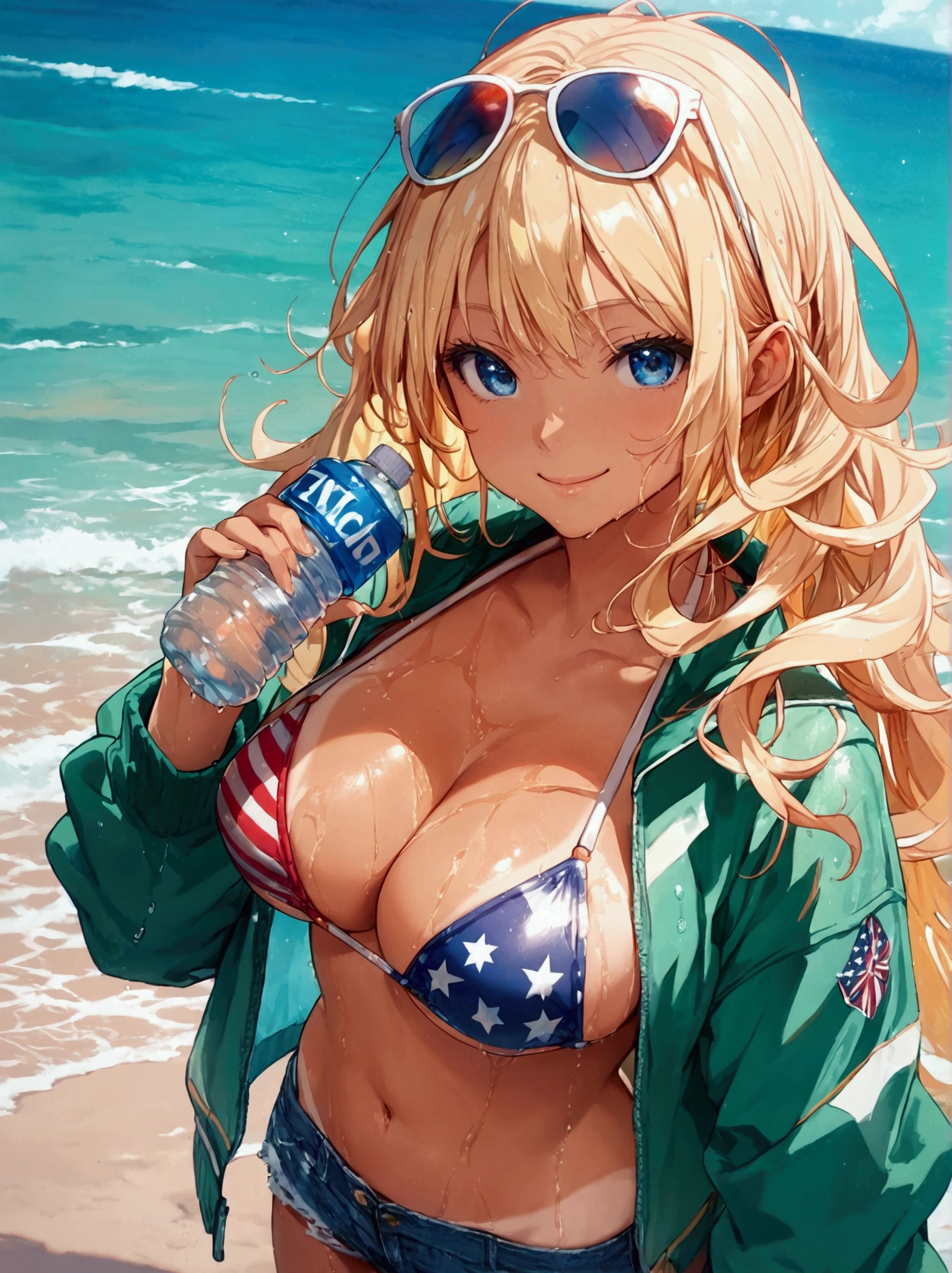 score_9, score_8_up, score_7_up, rating_safe, masterpiece, best quality, very aesthetic, absurdres, 1girl, solo, blonde hair, long hair, messy hair, blue eyes, smile, pink cheek, (flight jacket, green jacket), denim shorts, (american flag bikini), bikini under clothes, (eyewear on head, sunglasses), large breasts, cleavage, navel, athletes, holding water bottle, wet, wet body, oil, tan, bikini tan, gleaming skin, looking at viewer, outdoors, sea, sand
