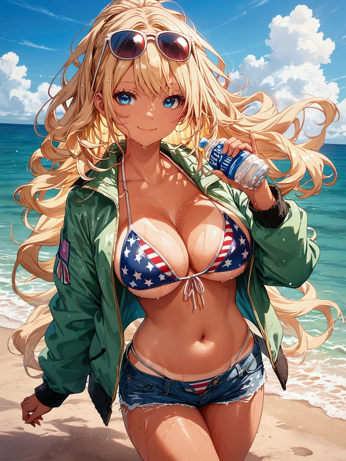 score_9, score_8_up, score_7_up, rating_safe, masterpiece, best quality, very aesthetic, absurdres, 1girl, solo, blonde hair, long hair, messy hair, blue eyes, smile, pink cheek, (flight jacket, green jacket), denim shorts, (american flag bikini), bikini under clothes, (eyewear on head, sunglasses), large breasts, cleavage, navel, athletes, holding water bottle, wet, wet body, oil, tan, bikini tan, gleaming skin, looking at viewer, outdoors, sea, sand