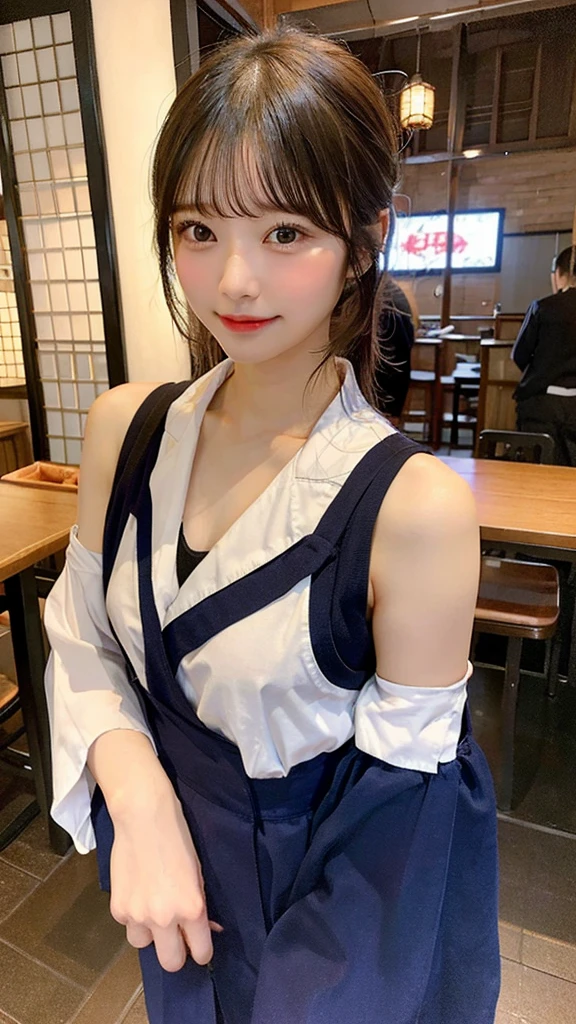 girl, Part-time job at an izakaya、High resolution, Highest quality, High-resolution model, Bangs, chest, 大きなchest, Blushing, whole body、People working around