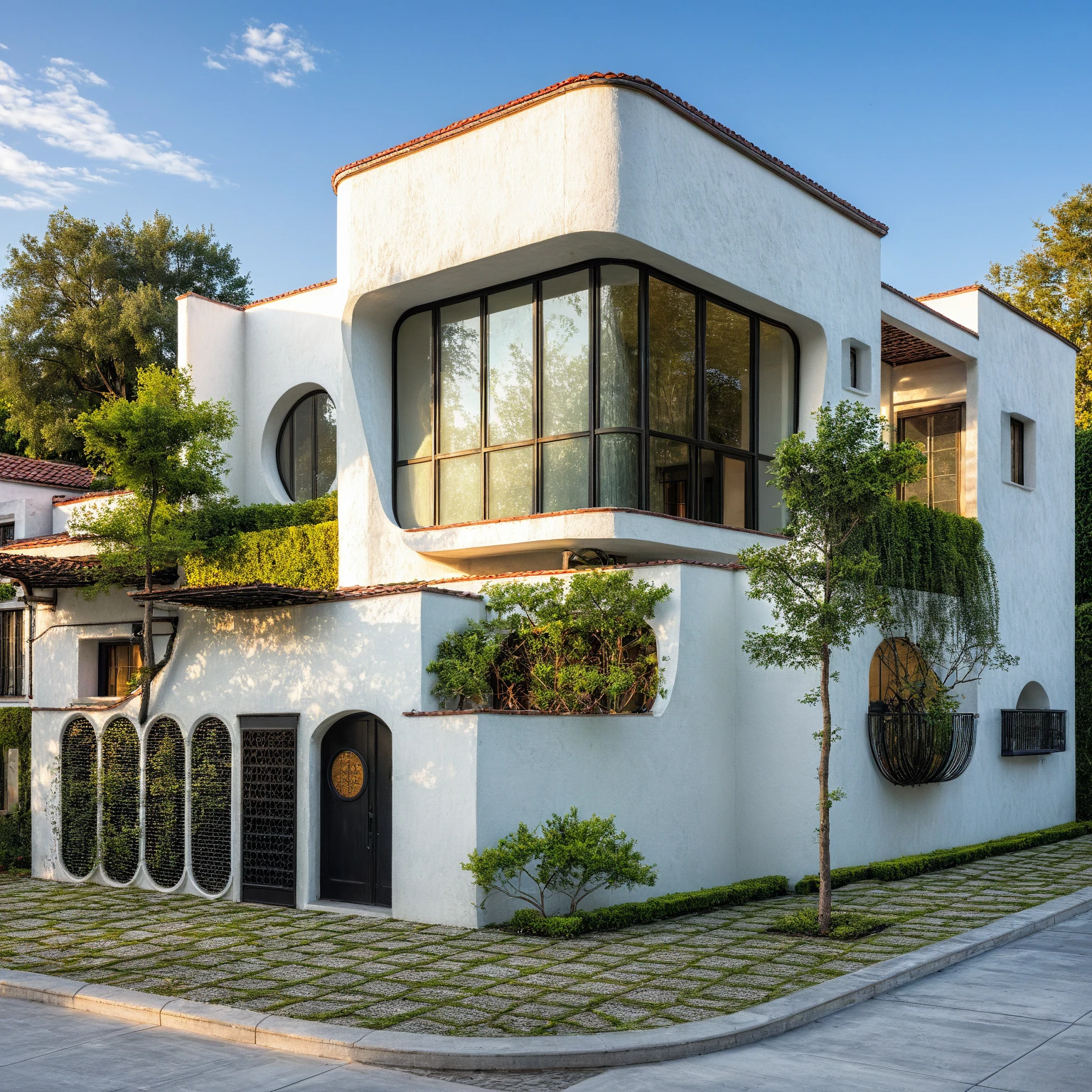 (RAW photo, masterpiece, best quality,ultra-detailed, extremely delicate and beautiful, highresolution, best shadow:1.1), A Mediterranean Italian style home with white stucco walls, black accents and windows, large front yard, vivid color, beautiful shrubs and flower, tropical tree and plants, professional photography in the style of an Italian classic home.