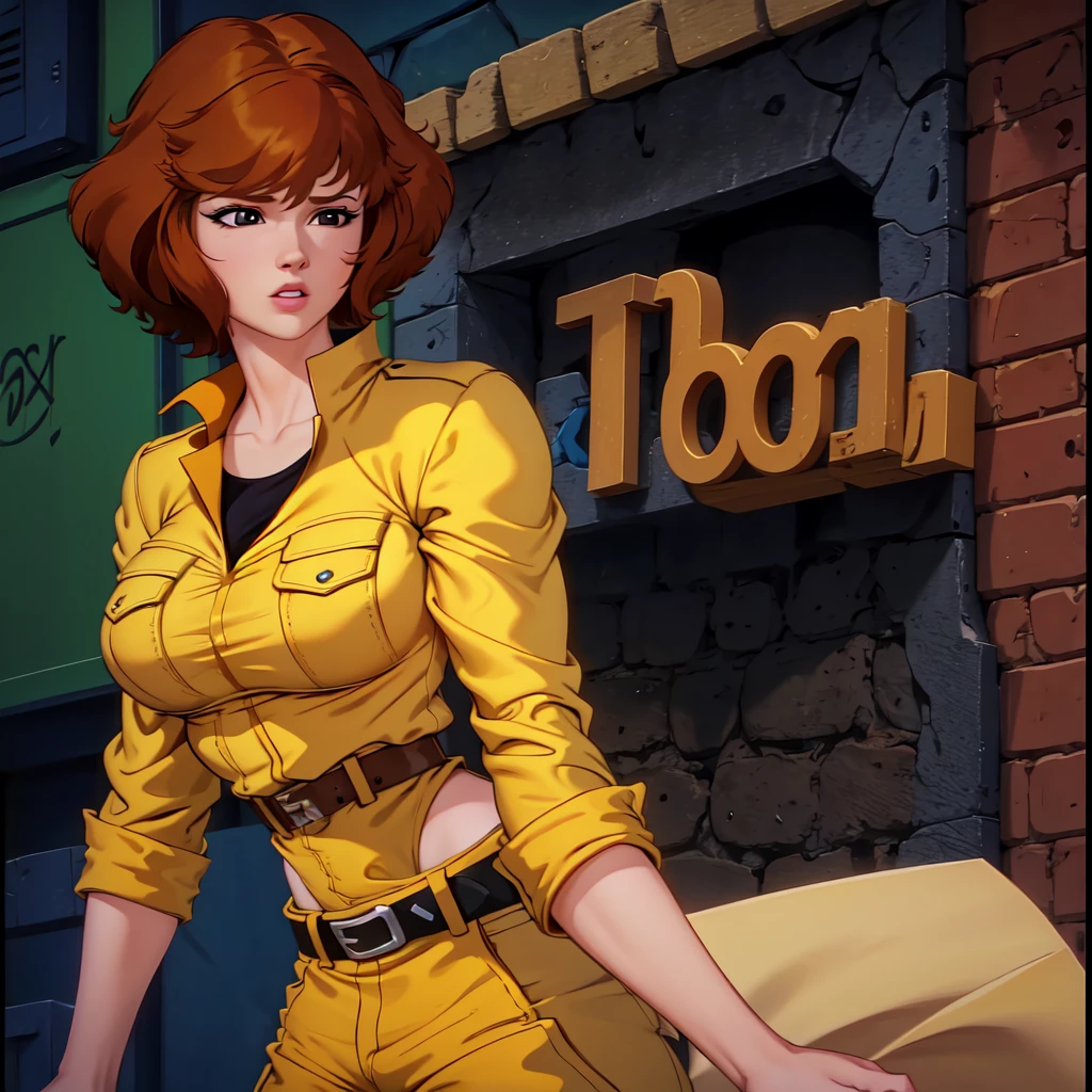 absurdres, april o'neil, 1girl, short brown hair, black eyes, upper body, yellow jumpsuit, sleeves rolled up, white belt, showing back pockets