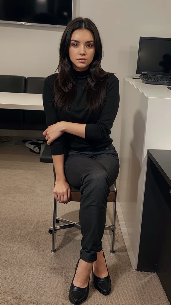Brunette using a grey tight caffarena. straight black hair. black office pants. black flats. sitting, legs crossed. Instagram style photo, detailed face, UHD, front view