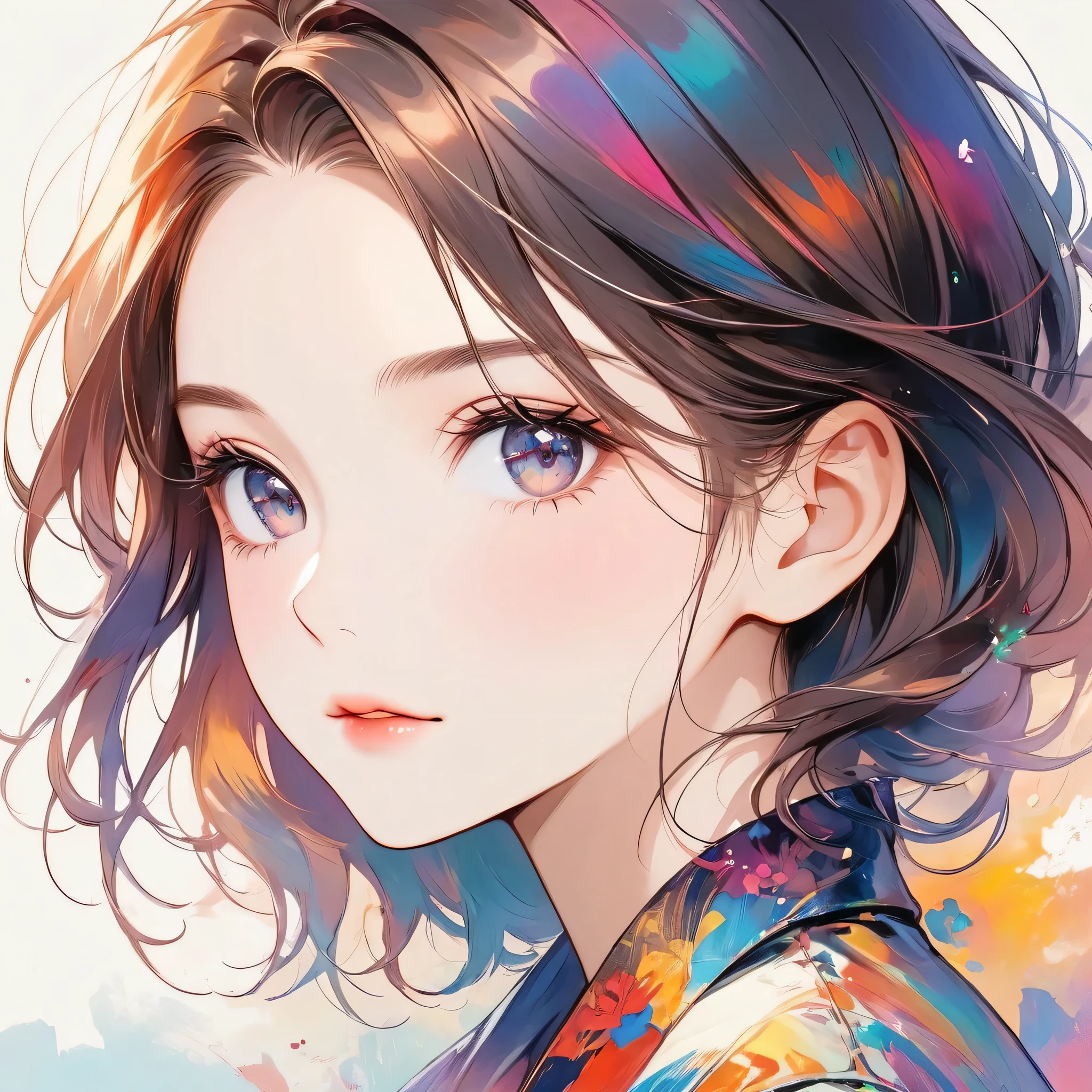 Joseph Mallord William Turner colorful style, Simple Line Initialism，Abstract art，Urban Background, (((The most beautiful girl of all time))), black eyes, Sweet face. Lips in love, colorful hearts, stylish design