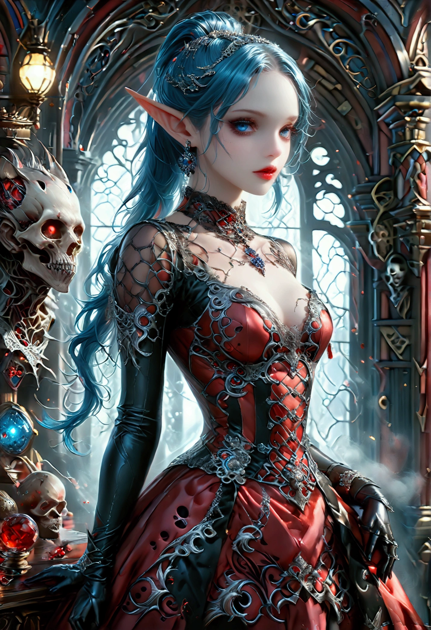 arafed a picture of elf vampire in her castle. an exquisite beautiful, busty, female elf vampire (ultra details, Masterpiece, best quality), full body, ((anatomically correct: 1.5) bloody mouth, (black and blue hair: 1.3), pale skin, hair in a ponytail, long hair, (silver: 1.3) eyes, (small pointed ears: 1.2), cold eyes, smirking, wearing dark pink dress (ultra details, Masterpiece, best quality), red cloak, wearing high heels, in dark fantasy library, book shelves, vibrant, Ultra-high resolution, High Contrast, (masterpiece:1.5), highest quality, Best aesthetics), best details, best quality, highres, ultra wide angle, 16k, [ultra detailed], masterpiece, best quality, (extremely detailed) RAW, dark fantasy art, gothic art, wearing Haute_Couture designer dress, Dark Novel, Dark Art Painting Style, dripping blood, hud_s1n, short black dress, long sleeves, veil, thighhighs, digital painting, RaygunGothicStyleAI