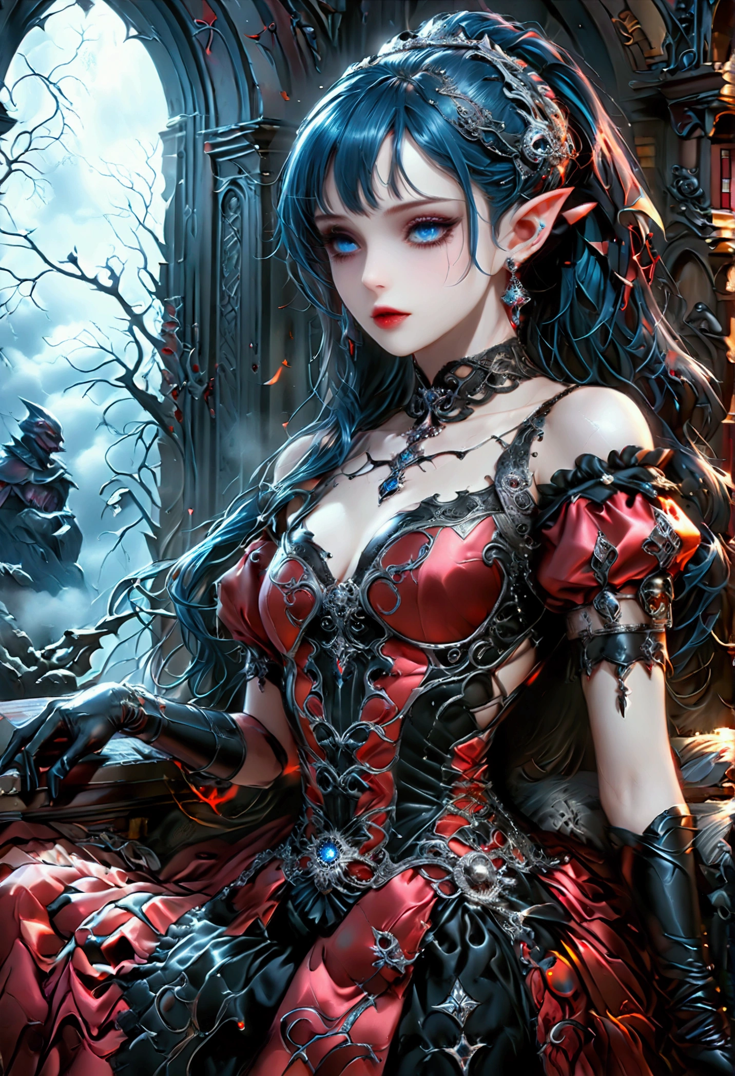 arafed a picture of elf vampire in her castle. an exquisite beautiful, busty, female elf vampire (ultra details, Masterpiece, best quality), full body, ((anatomically correct: 1.5) bloody mouth, (black and blue hair: 1.3), pale skin, hair in a ponytail, long hair, (silver: 1.3) eyes, (small pointed ears: 1.2), cold eyes, smirking, wearing dark pink dress (ultra details, Masterpiece, best quality), red cloak, wearing high heels, in dark fantasy library, book shelves, vibrant, Ultra-high resolution, High Contrast, (masterpiece:1.5), highest quality, Best aesthetics), best details, best quality, highres, ultra wide angle, 16k, [ultra detailed], masterpiece, best quality, (extremely detailed) RAW, dark fantasy art, gothic art, wearing Haute_Couture designer dress, Dark Novel, Dark Art Painting Style, dripping blood, hud_s1n, short black dress, long sleeves, veil, thighhighs, digital painting, RaygunGothicStyleAI