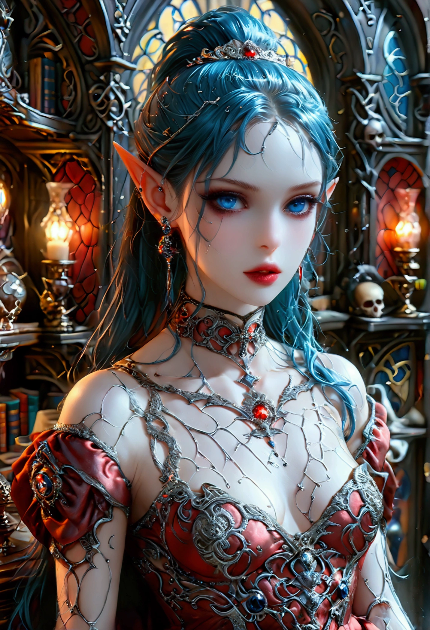 arafed a picture of elf vampire in her castle. an exquisite beautiful, busty, female elf vampire (ultra details, Masterpiece, best quality), full body, ((anatomically correct: 1.5) bloody mouth, (black and blue hair: 1.3), pale skin, hair in a ponytail, long hair, (silver: 1.3) eyes, (small pointed ears: 1.2), cold eyes, smirking, wearing dark pink dress (ultra details, Masterpiece, best quality), red cloak, wearing high heels, in dark fantasy library, book shelves, vibrant, Ultra-high resolution, High Contrast, (masterpiece:1.5), highest quality, Best aesthetics), best details, best quality, highres, ultra wide angle, 16k, [ultra detailed], masterpiece, best quality, (extremely detailed) RAW, dark fantasy art, gothic art, wearing Haute_Couture designer dress, Dark Novel, Dark Art Painting Style, dripping blood, hud_s1n, short black dress, long sleeves, veil, thighhighs, digital painting, RaygunGothicStyleAI