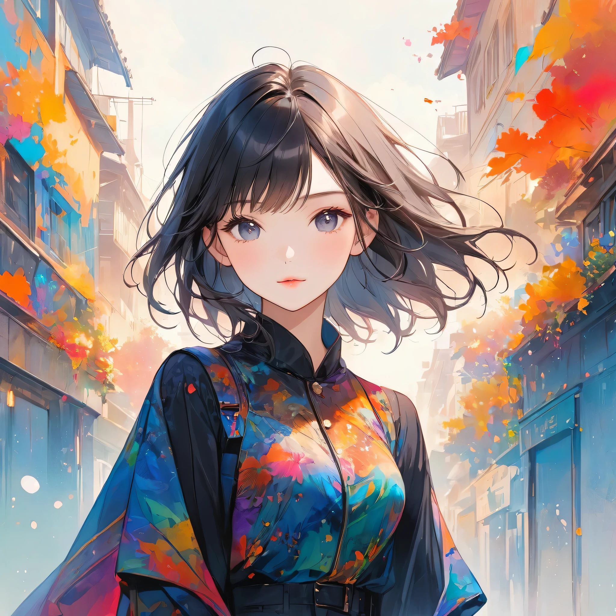 Joseph Mallord William Turner colorful style, Simple Line Initialism,Abstract art,Urban Background, (((The most beautiful girl of all time))), black eyes, Sweet face. Lips in love, colorful hearts, stylish design